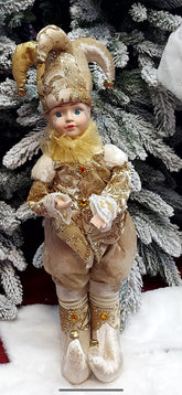 Păpușă muzicală decorativă Crăciun – Arlechin auriu crem